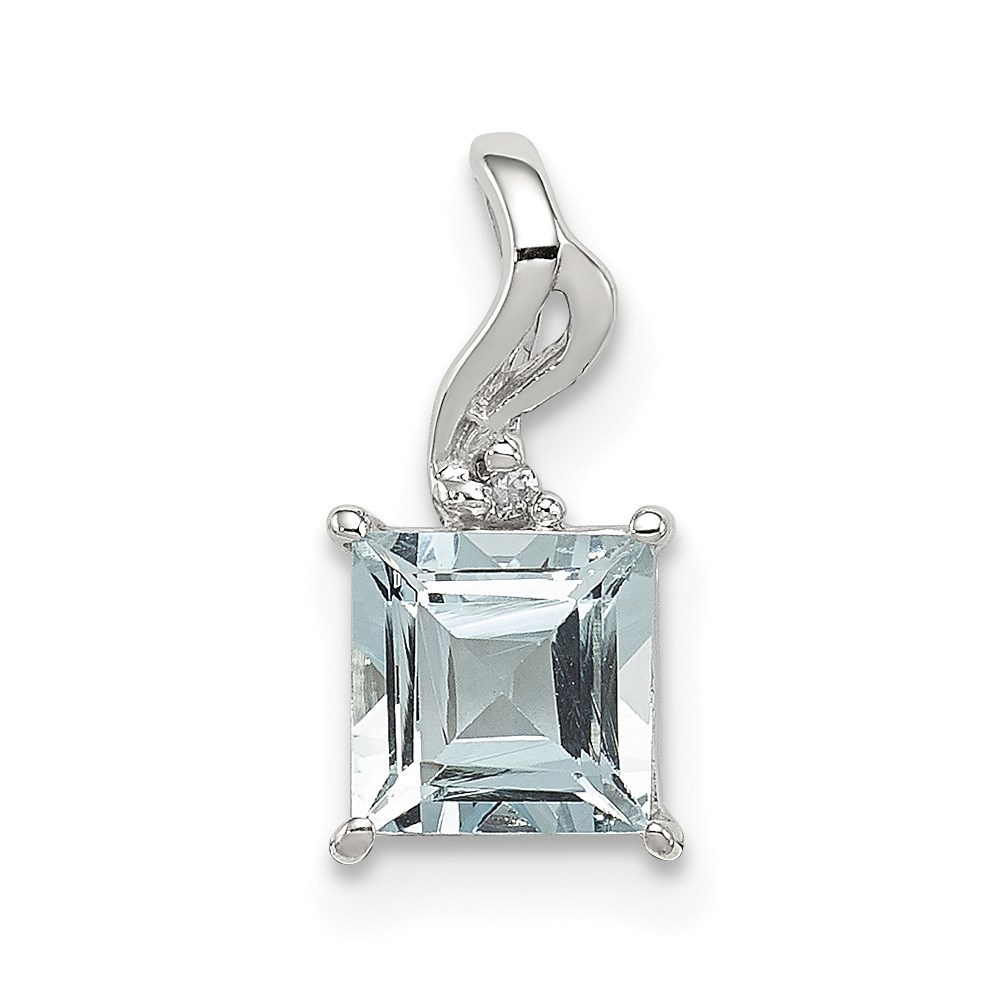 925 Sterling Silver Diamond & March Blue Aquamarine Birthstone Square Pendant